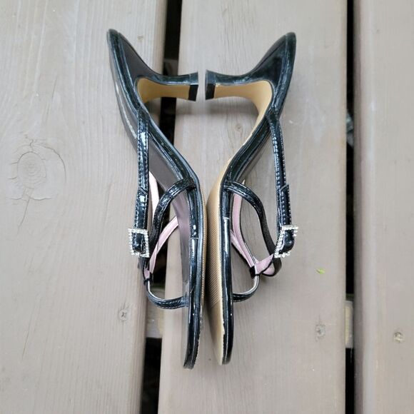 Vintage 90s Y2K Black Faux Leather Rhinestone Rachel Green Kitten Heel Sandals - Picture 2 of 9